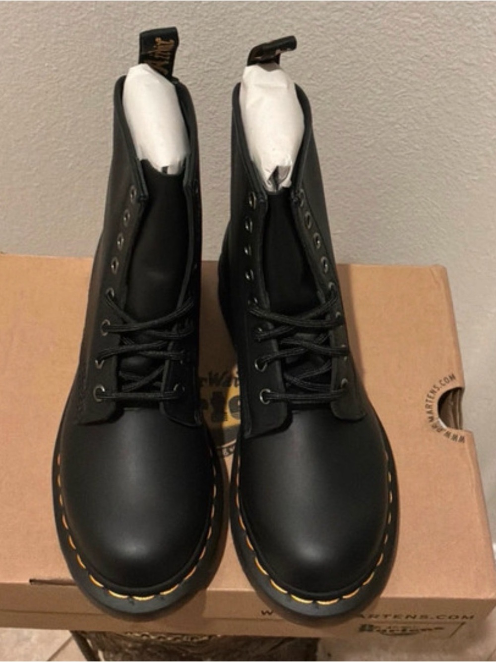 Dr. Martens Women's Black Leather Lace-Up Ankle Boots with Yellow Stitching